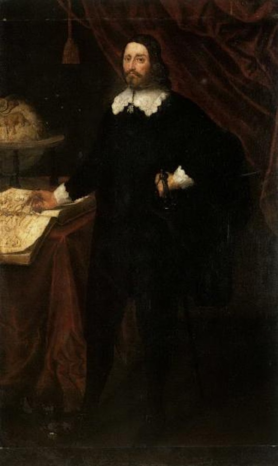 Portrait of a gentleman, full length wearing black pointing to a map of Africa by Roman School