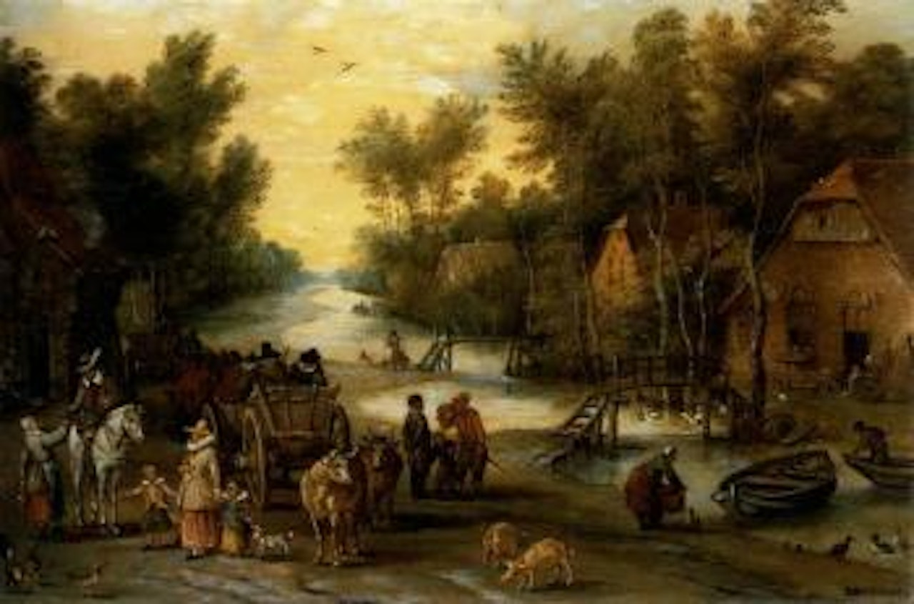 Wooded river landscape with elegant figures buying provender by Jan Brueghel the Younger