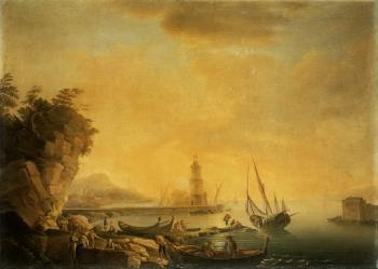 Mediterranean harbour scenes at sunset by Claude Joseph Vernet