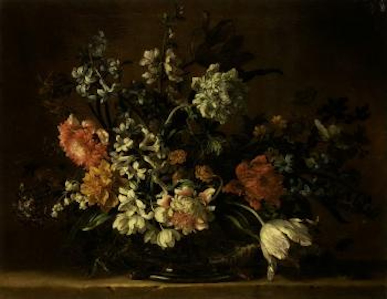 Still life of flowers in a glass vase on a stone ledge by Jean Baptiste Monnoyer