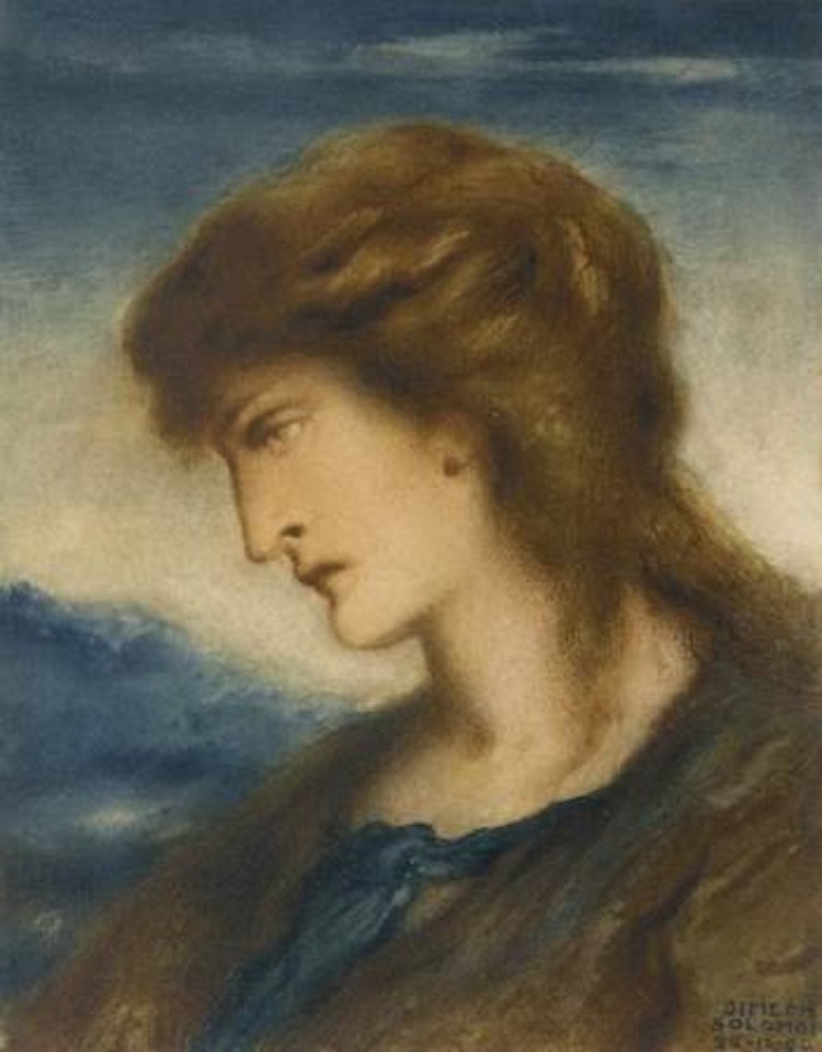 Study of a woman, bust-length in profile wearing a brown and blue dress by Simeon Solomon