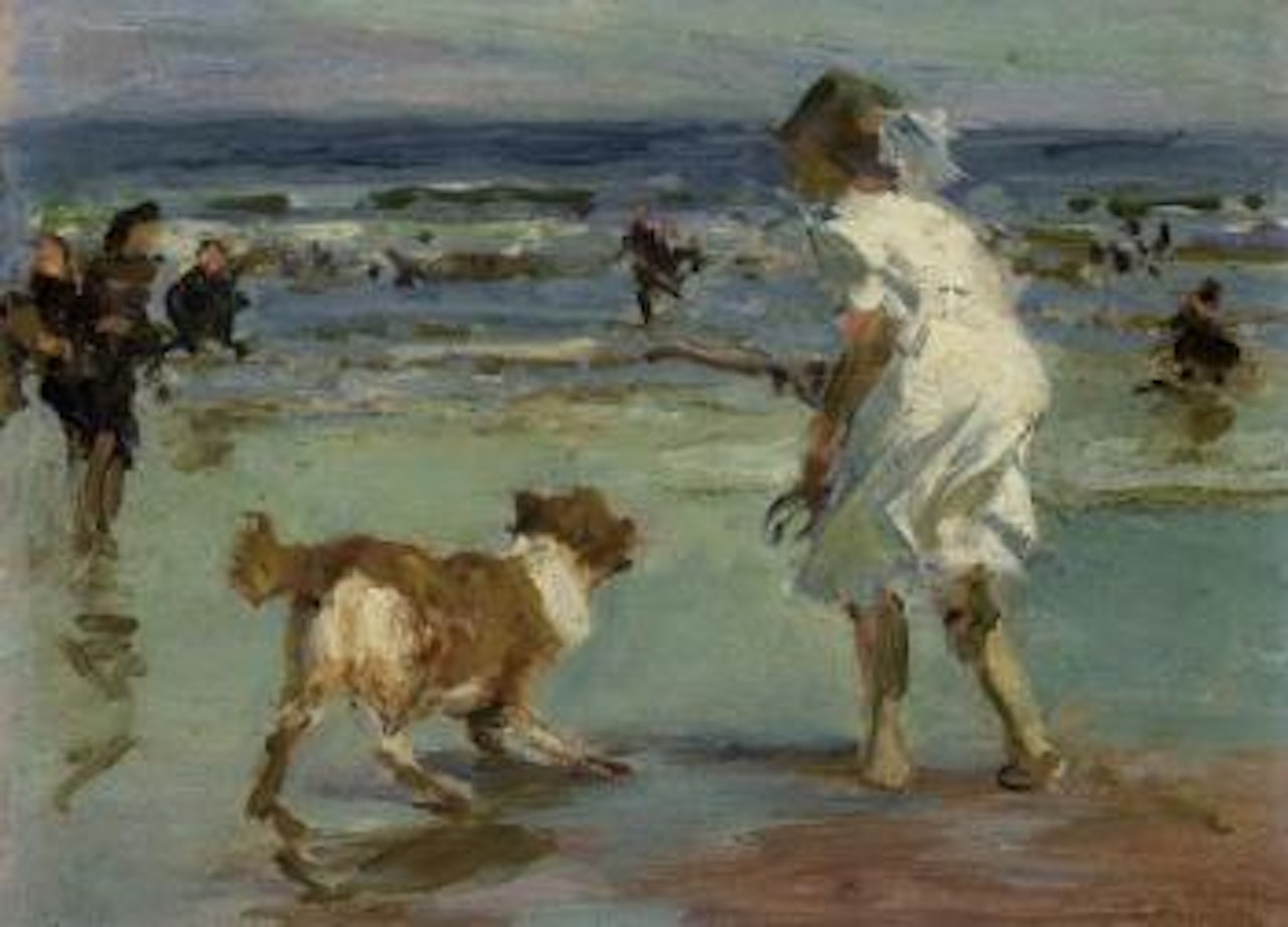 Girl playing with dog and playtime by Edward Henry Potthast