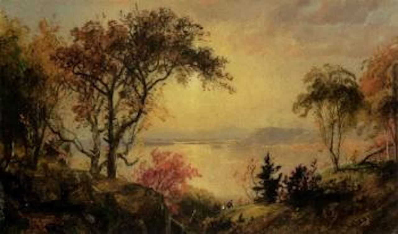 Lake scene with hikers in vale by Jasper Francis Cropsey