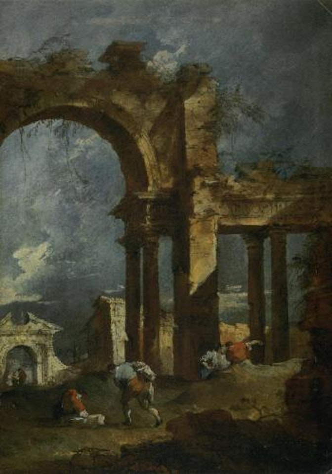 Architectural capriccio with figures in front of a ruined arch, with other ruins beyond by Francesco Guardi