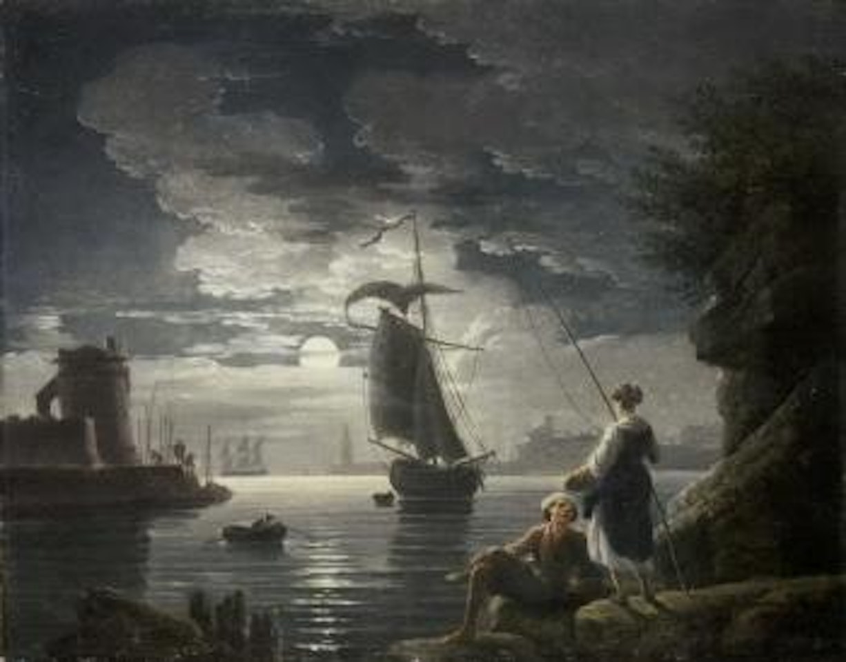 Rocky harbour by moonlight with a peasant couple conversing in the foreground by Claude Joseph Vernet