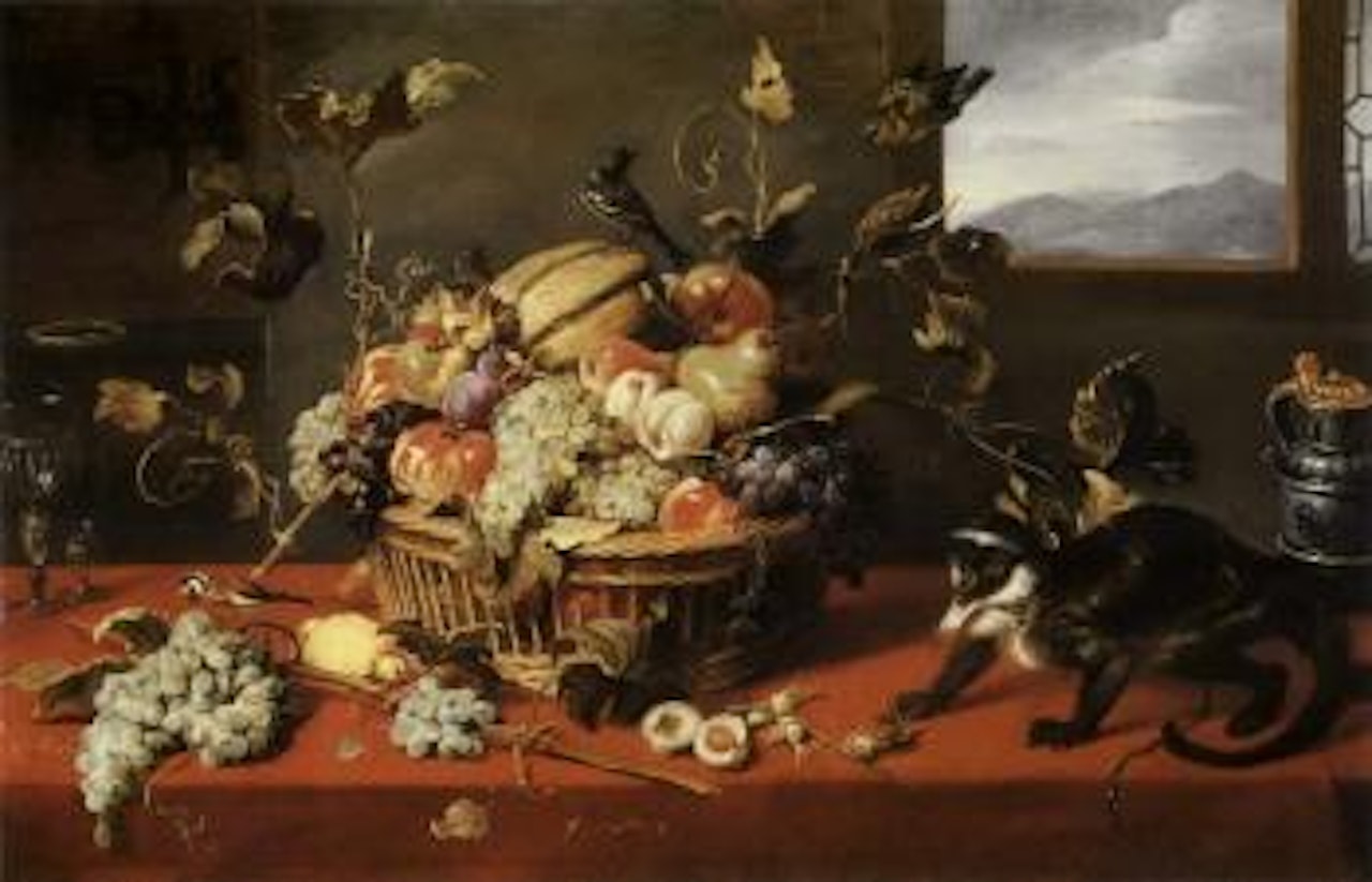 Melon, grapes, apples and pears with other fruit in a basket, wine glass and a Diana monkey on table by Frans Snyders