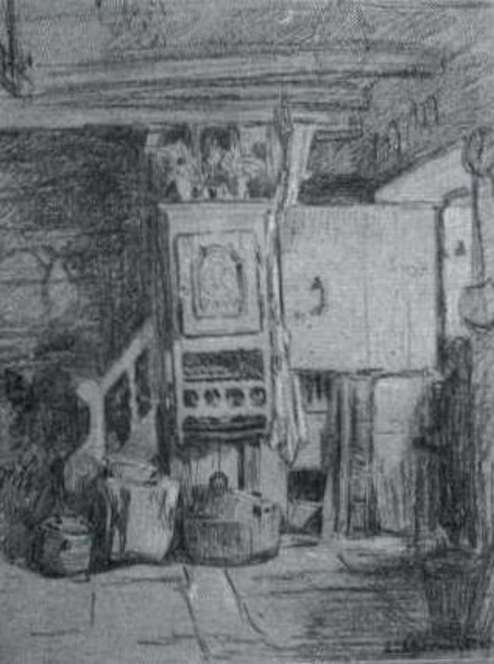 Interior scene with flat cupboard and basket by Léon Augustin Lhermitte