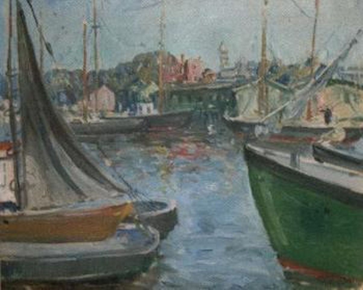 New England boats Gloucester Harbour scene by Walter Emerson Baum