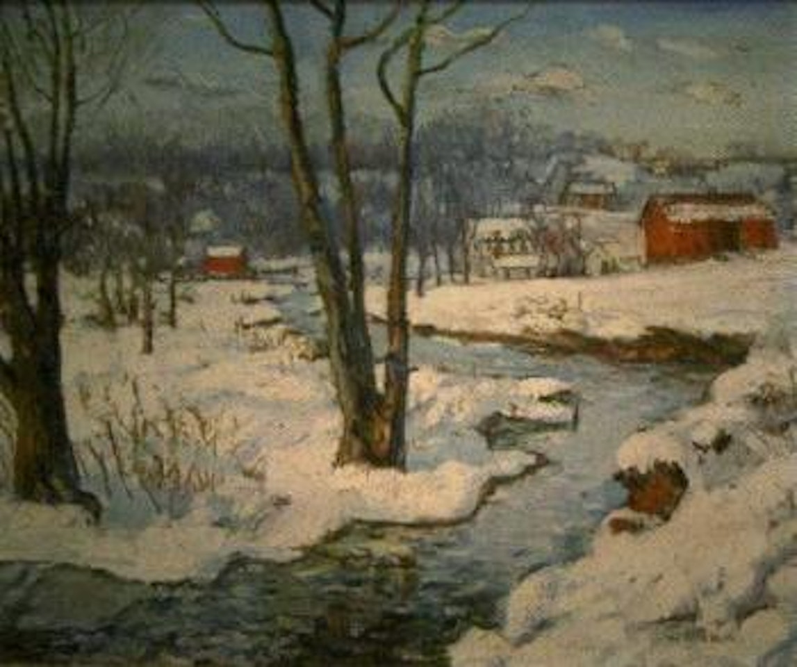 Winter landscape with stream in foreground by Walter Emerson Baum
