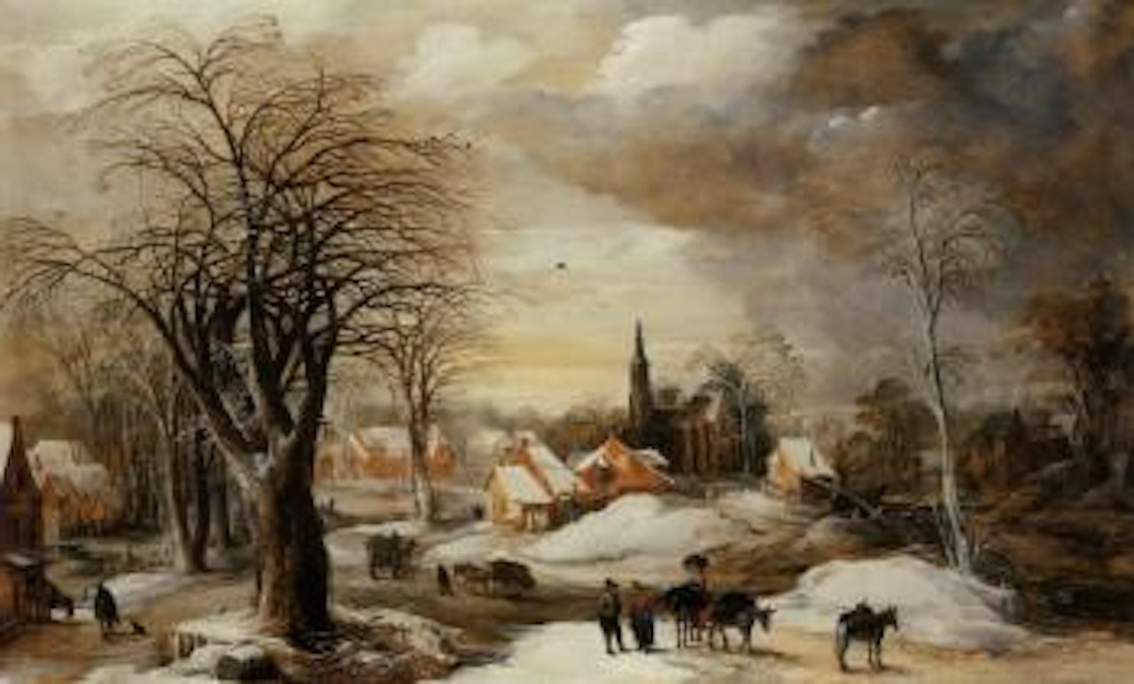 Winter landscape with a muleteer and villagers conversing by his train by Jan Brueghel by Joos de Momper the Younger