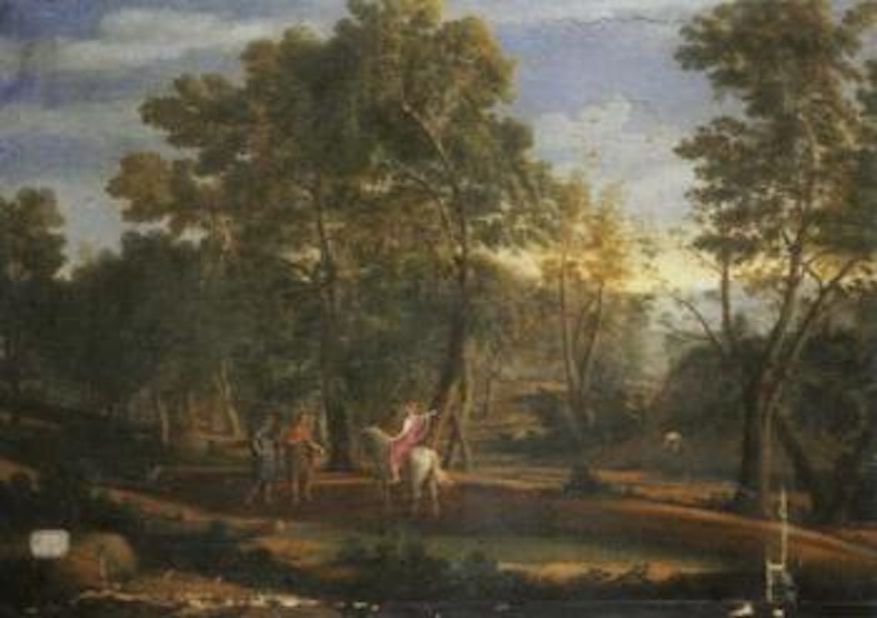River landscape with soldiers. Wooded landscape with woman on a horse by French School
