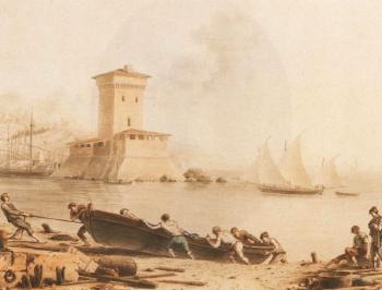 Sailors hauling a boat up a beach, a tower beyond by Victor Jean Nicolle