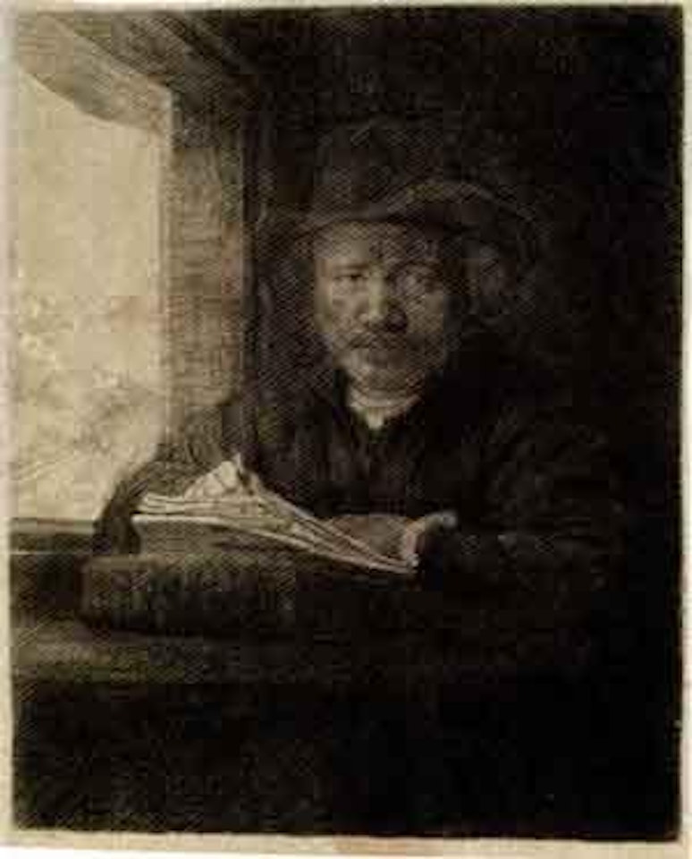 Self portrait drawing at a window by Attributed to Rembrandt Harmensz van Rijn
