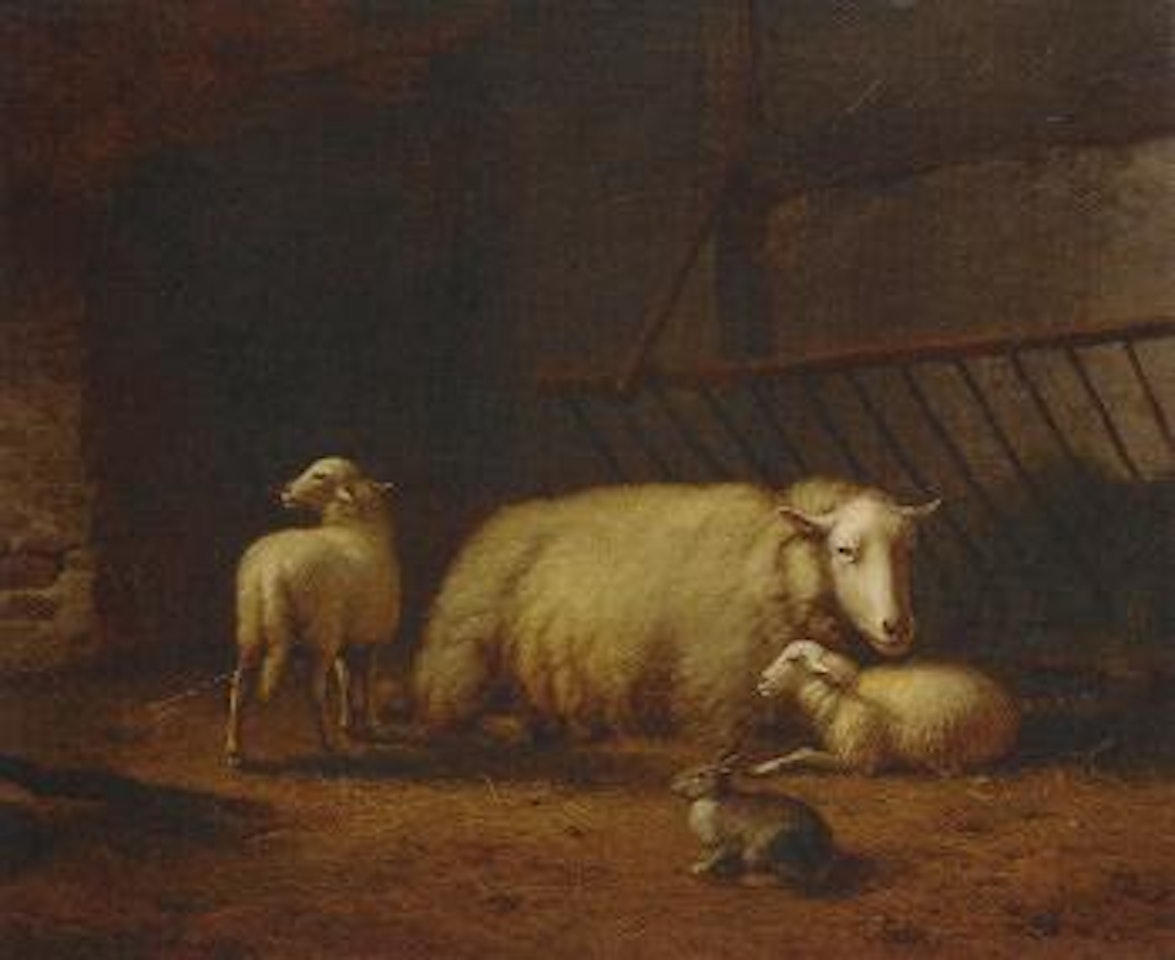 Sheeps and rabbit in stable by Eugène Joseph Verboeckhoven