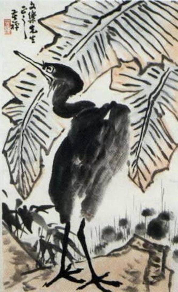 Crane beneath banana leaves by Li Kuchan