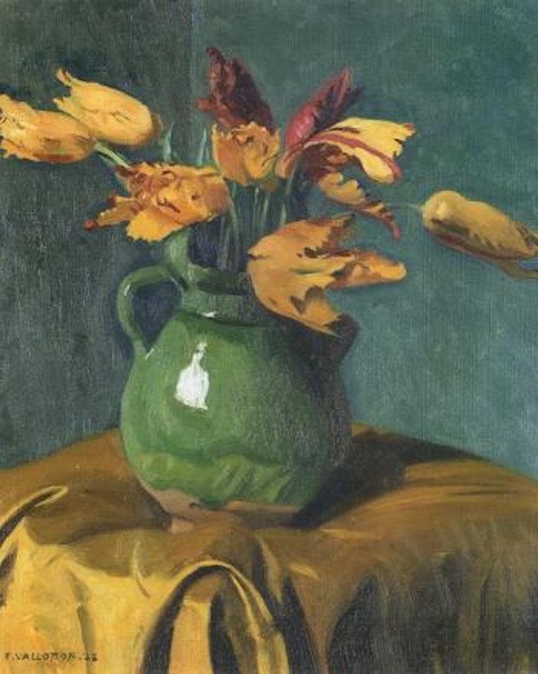 Nature morte, tulipes perroquet dans une cruche verte by Félix Vallotton