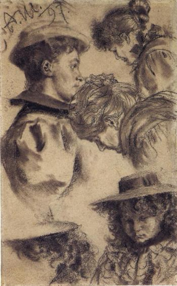 Female heads - head and hat studies by Adolph Menzel