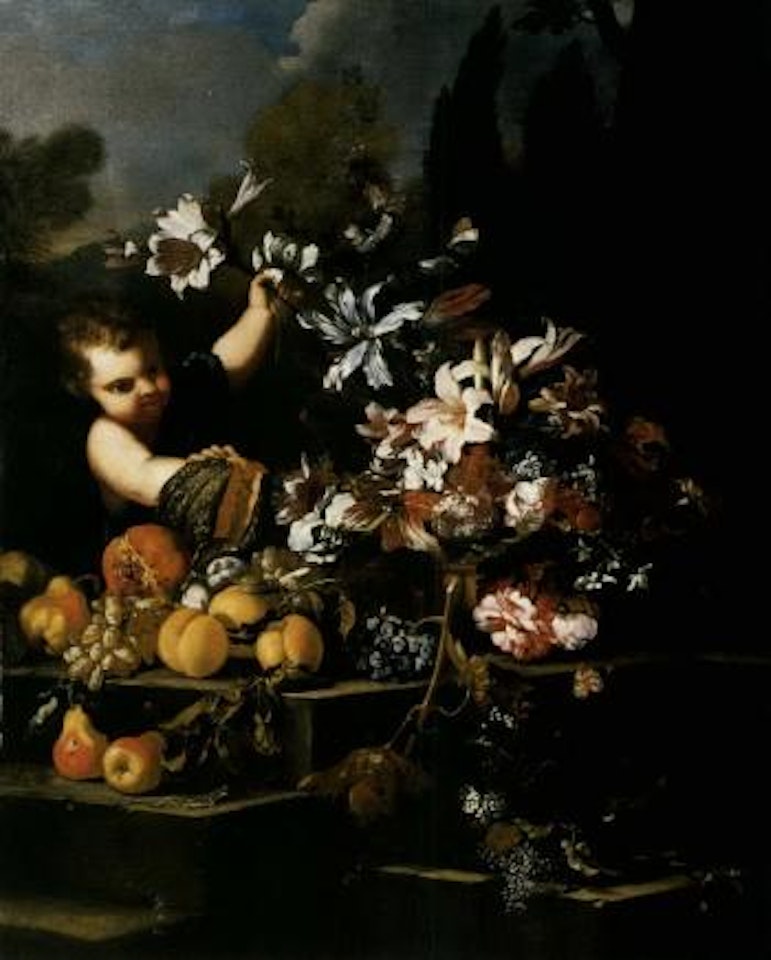 Young boy arranging flowers in an urn with fruits on a stone step in a garden by Abraham Brueghel by Guillaume Courtois