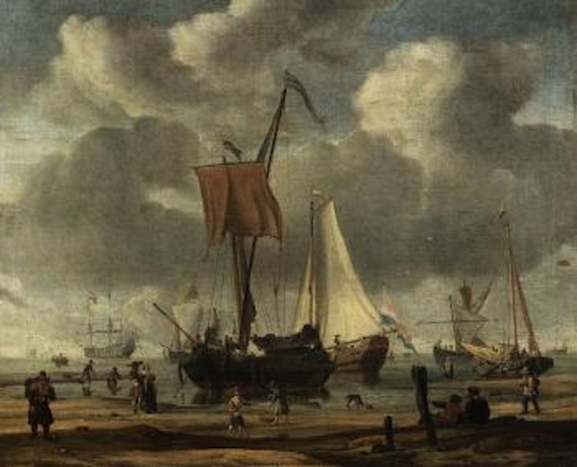 Coastal landscape with pinks, state barge amd man-o-war in a calm by Abraham Storck