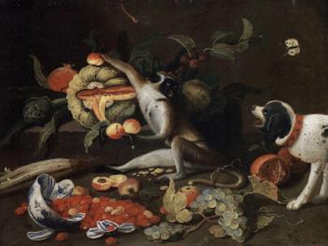 Monkey with a melon, artichoke and other fruit and vegetable, dog nearby by Jan Van Kessel The Elder
