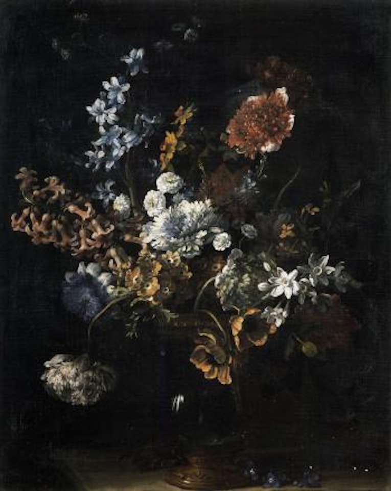 Chrysanthemums, narcissi and other flowers in a gilt bronze mounted glass vase by Jean Baptiste Monnoyer