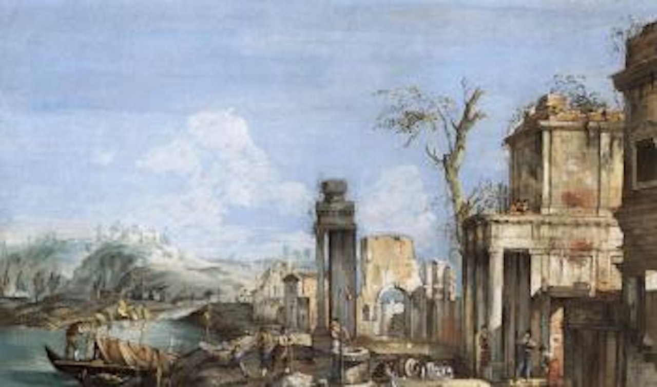 Capriccio lake landscape with ruins and figures by a well by Giuseppe Bernardino Bison