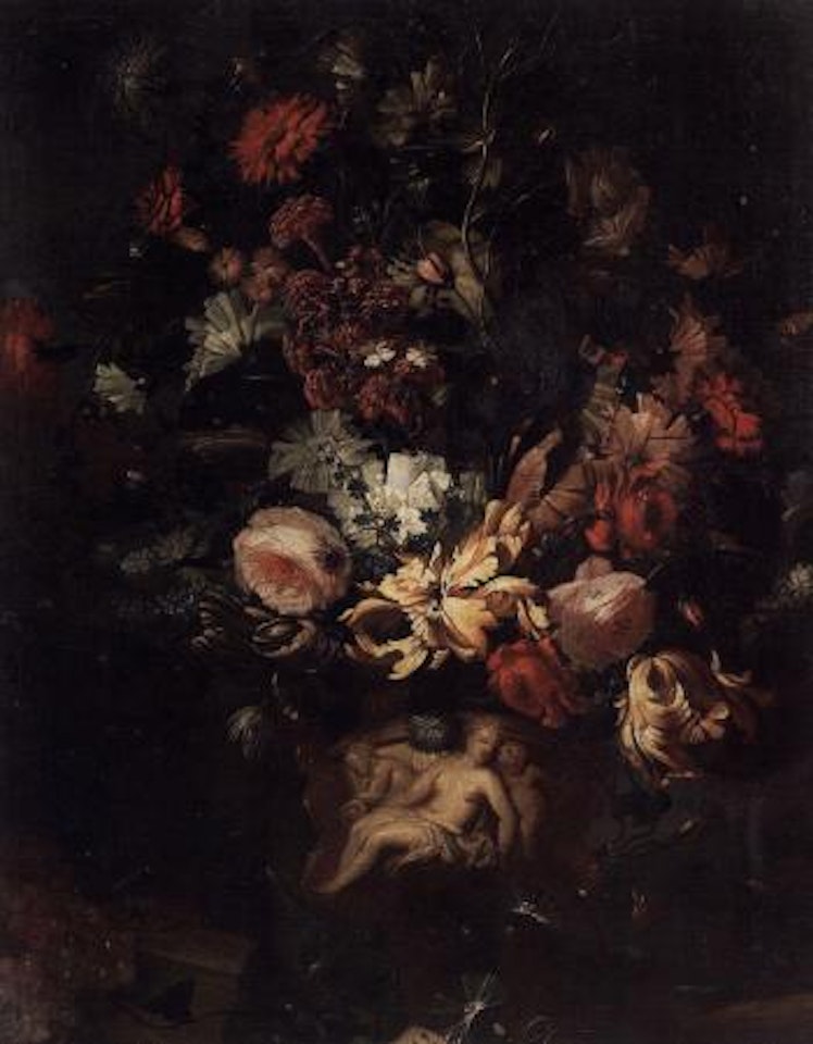 Peonies, chrysanthemums, rose and other flowers in a sculpted urn by Franz Werner von Tamm