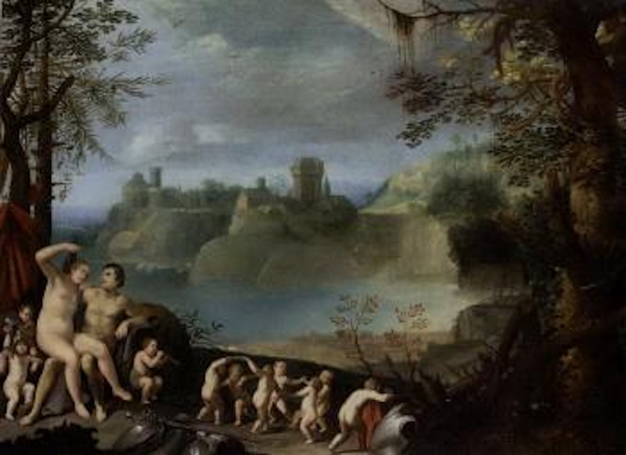 Mars and Venus in an extensive river landscape with putti playing and dancing by Paul Bril