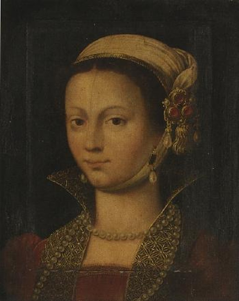 Portrait of a lady wearing a red and gold embroidered dress and headdress by French School
