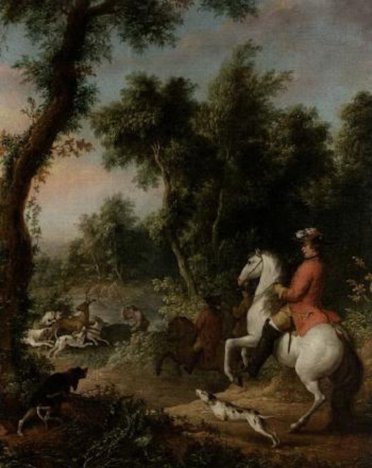 Wooded landscape with gentlemen on horses hunting by Jean-Baptiste Oudry