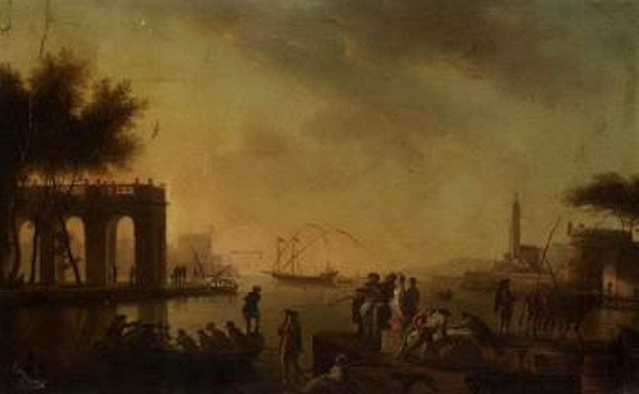 Mediterranean harbour scene with figures in Turkish dress by Claude Joseph Vernet