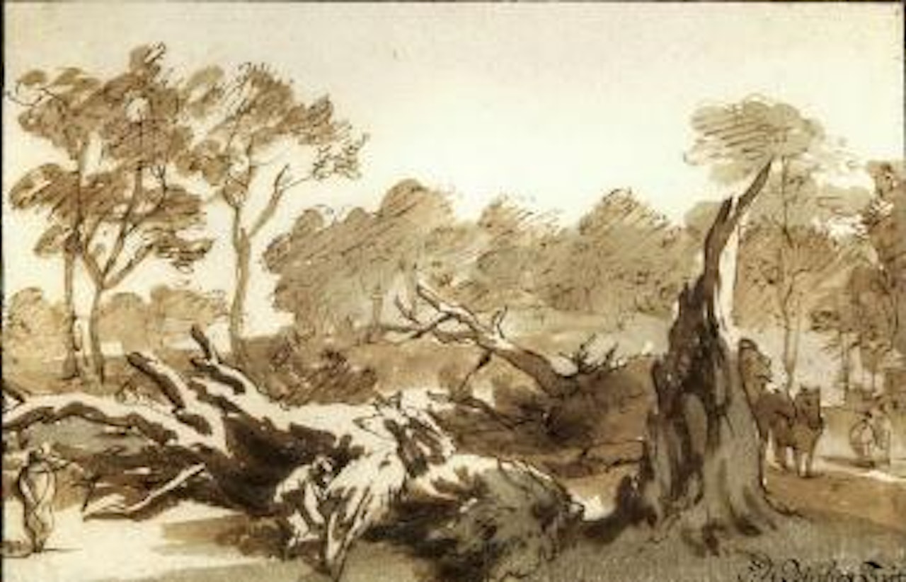Rider and figures by a fallen tree in the Haagse Bos by Jan de Bisschop