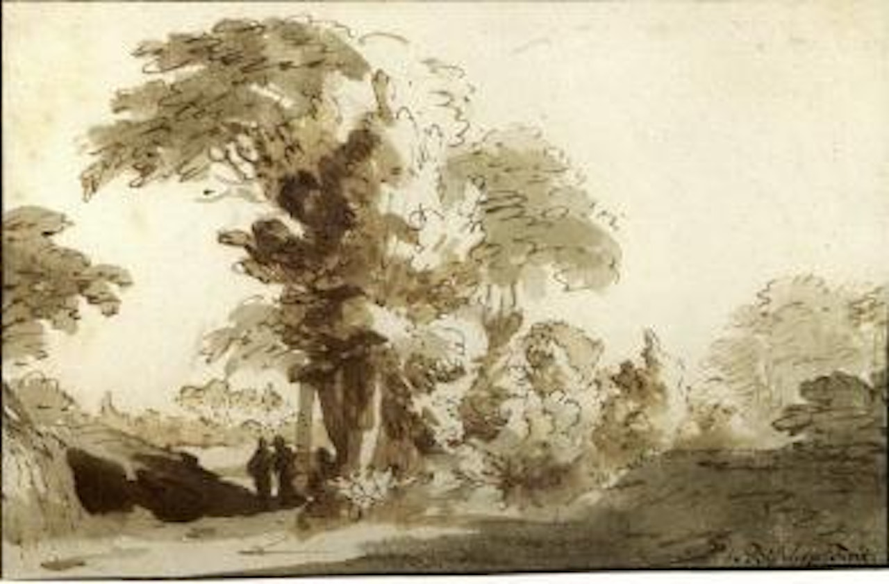 Wooded landscape near Rijswijk, with two figures by a tall tree by Jan de Bisschop