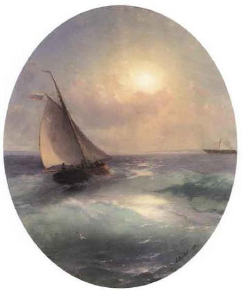 Sailing boat at sunset flying the Russian tricolour by Ivan Konstantinovich Aivazovsky