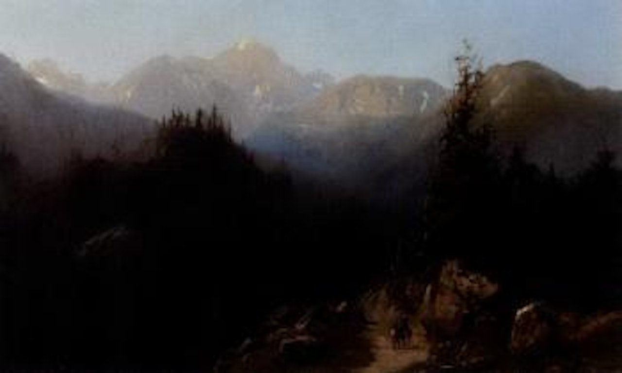 Two travellers beneath snowcapped mountains by Hermann Fuechsel