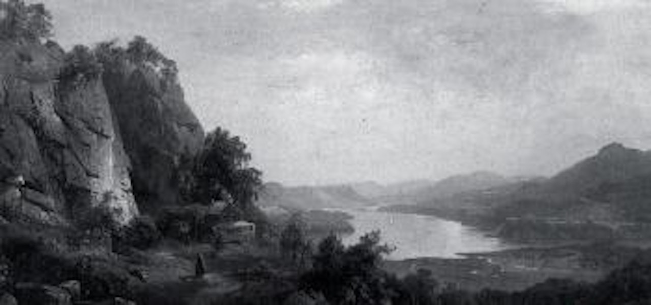 Extensive river landscape with figure nearing chalet by Hermann Fuechsel