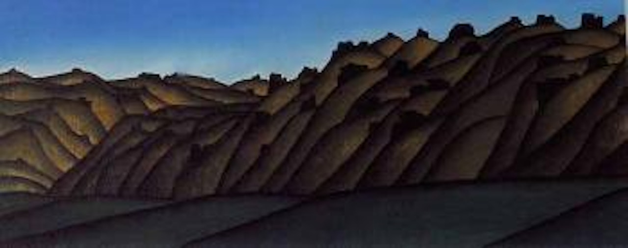 Mountain range with green hill by Michael Smither