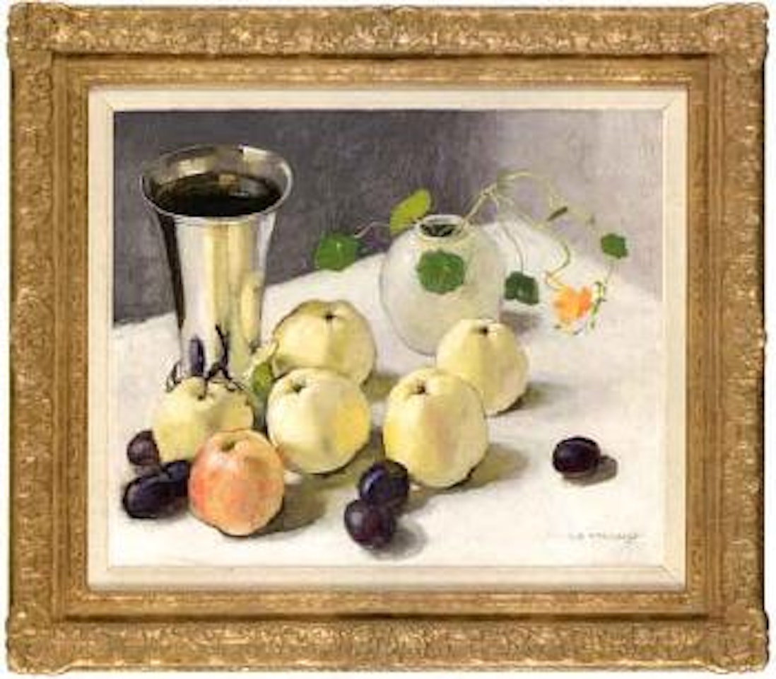 Still life of apples and silver vase by Olle Hjortzberg
