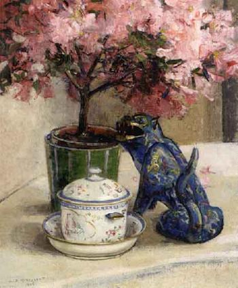 Still life of figurine and potted plant by Olle Hjortzberg
