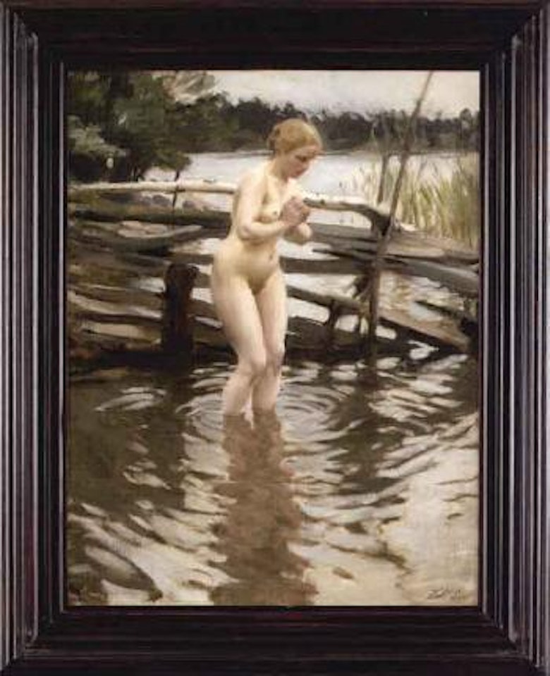 By the fence - female nude in water by Anders Zorn