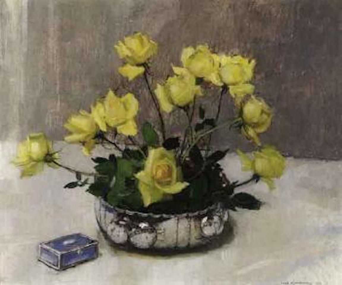 Still life of yellow roses in silver bowl by Olle Hjortzberg