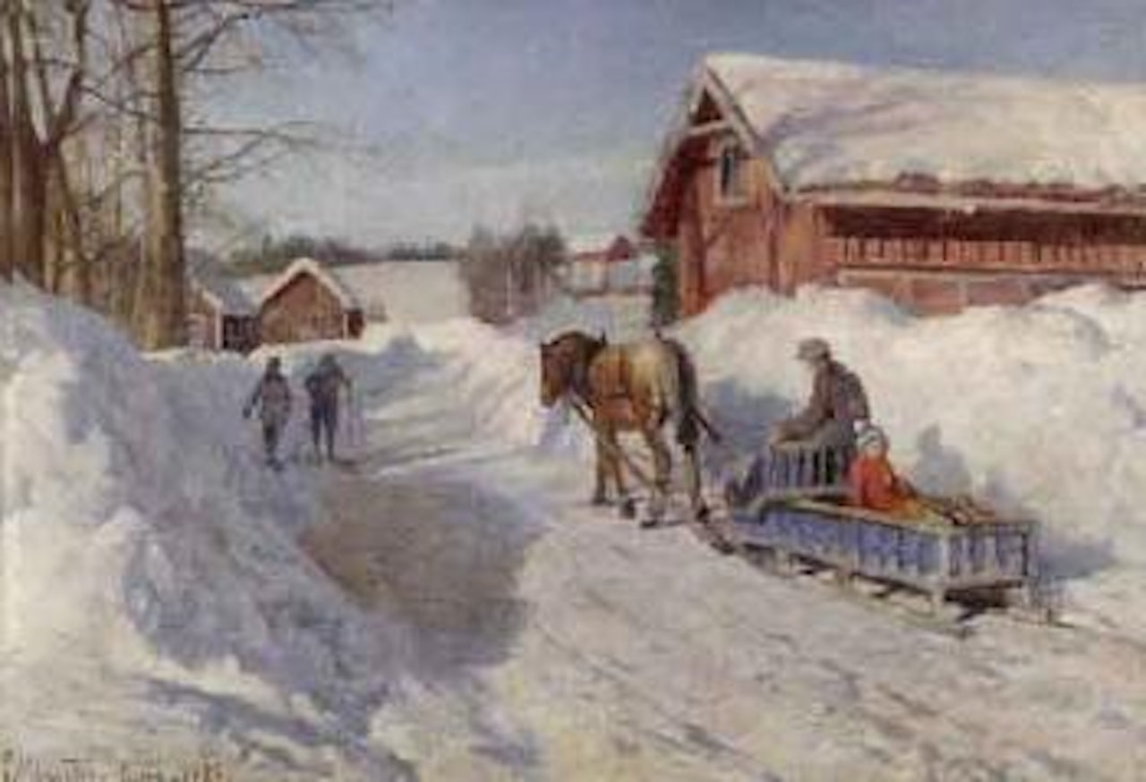 Winter landscape with horse and sleigh by Peder Mork Monsted