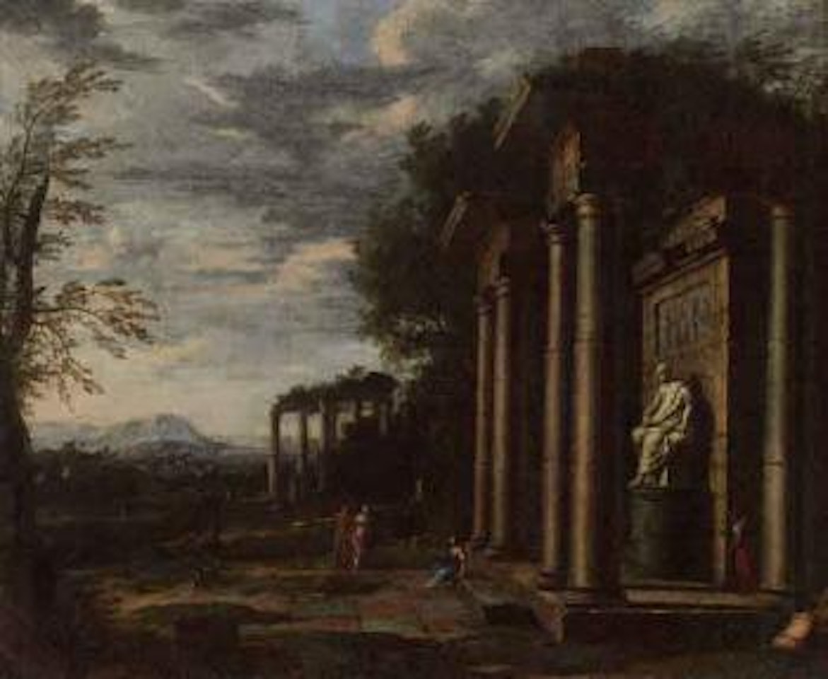 Figures with ruins in landscape by Giovanni Ghisolfi