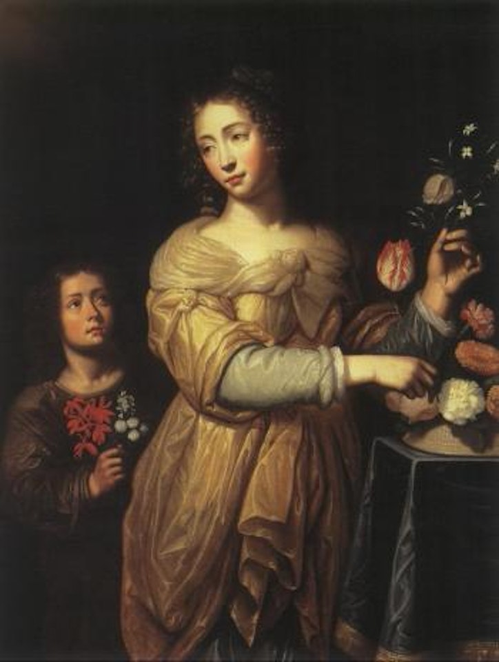 Lady arranging flowers in basket by Flemish School