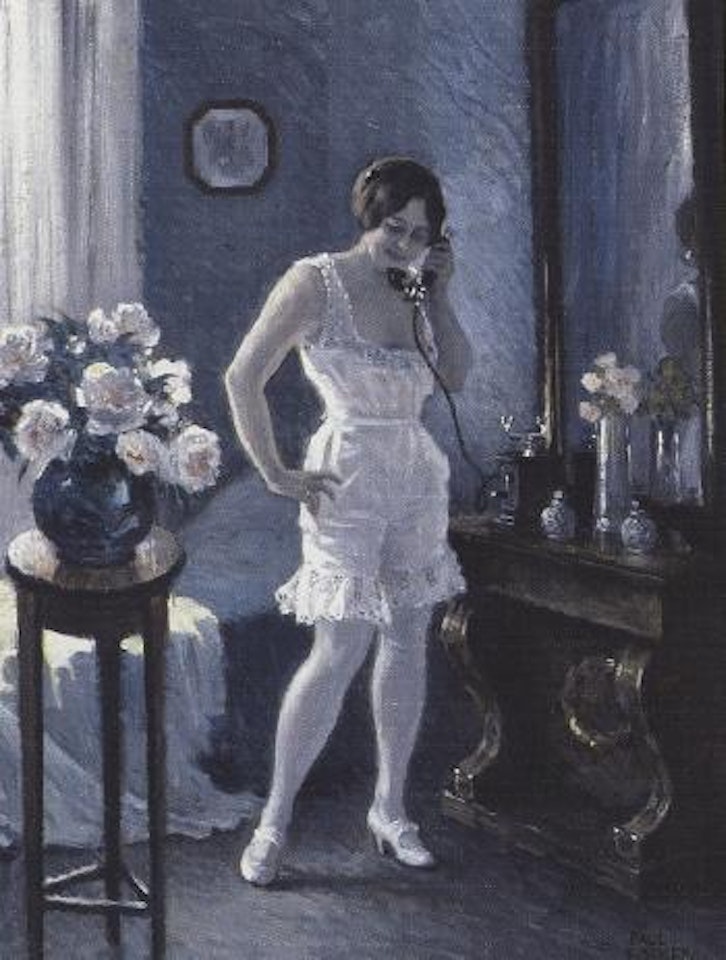 A misunderstanding - boudoir-scene with young lady talking on the phone by Paul Fischer