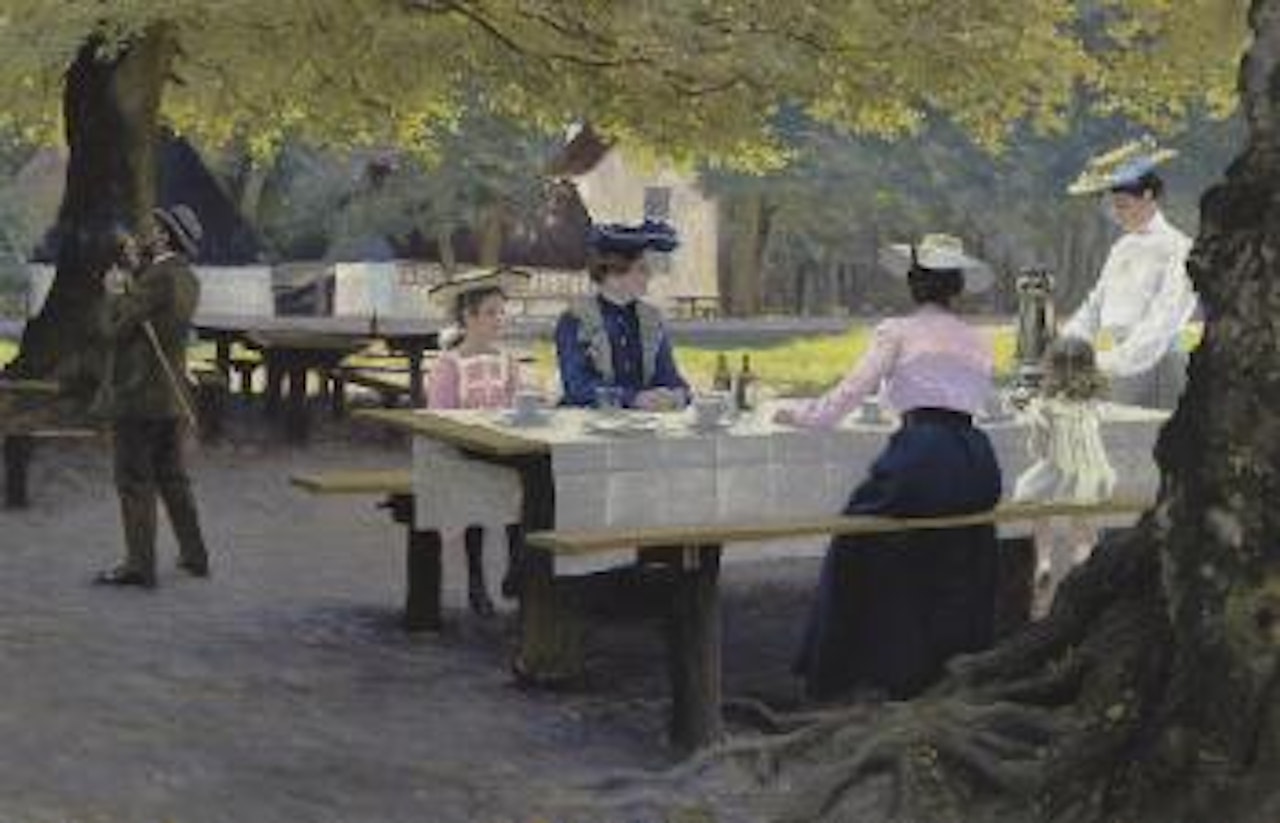 By Peter Liep's house in Dyrehaven, girls at table by Paul Fischer
