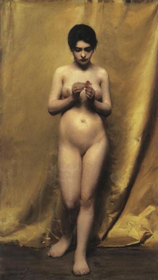Female nude model with red flower in her hand in front of yellow curtain by Paul Fischer