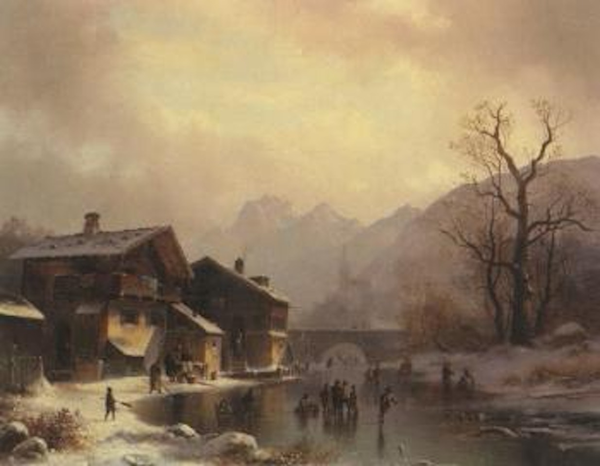 Figures on frozen river in village, The Alps in background by Anton Doll