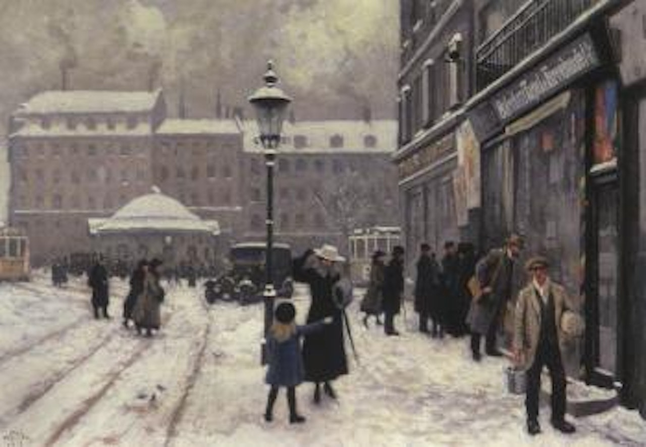 Winter's day at Osterbrogade with the artist's wife and daughter out shopping by Paul Fischer