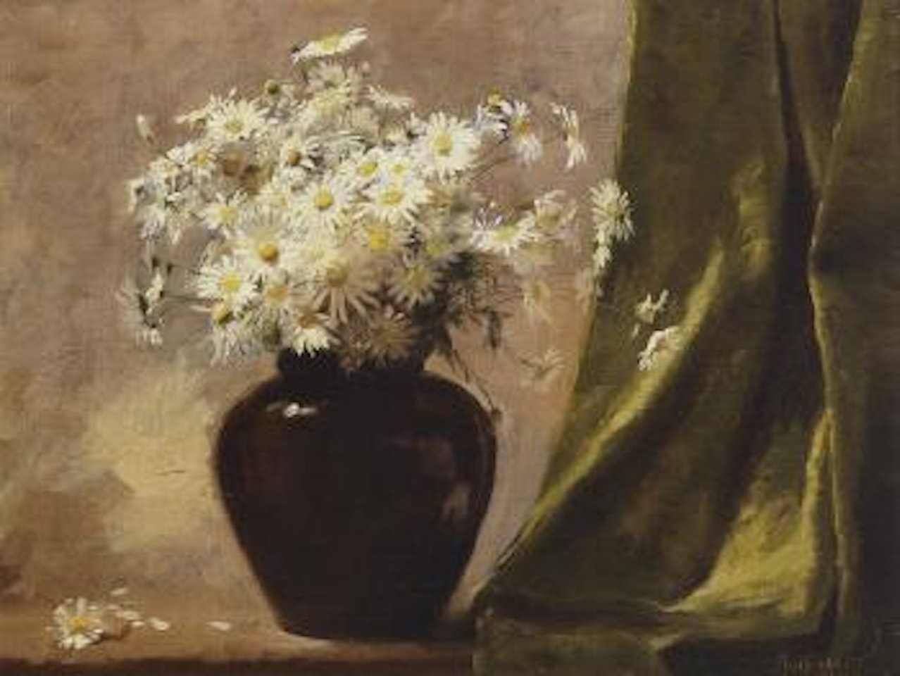 Daisies in vase by green curtain by Paul Fischer